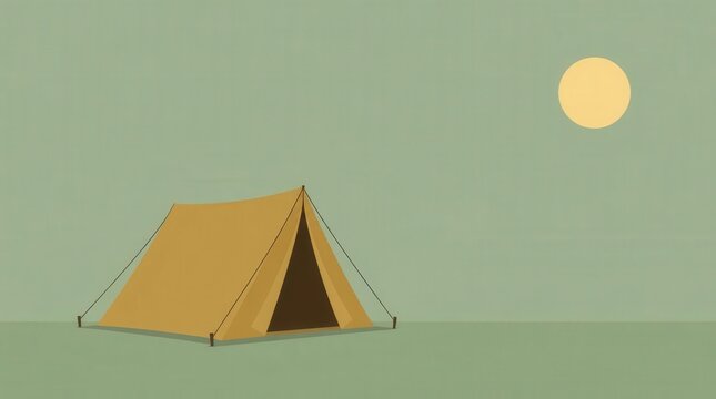 Minimalist Ochre Camping Tent Under a Soft Yellow Sun, Wide Screen Landscape Orientation