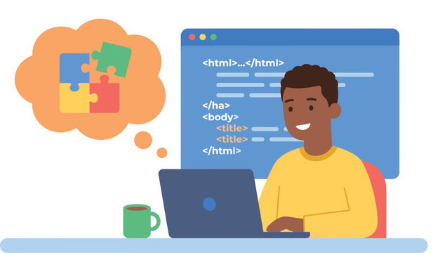 Young Black male software developer programming website html code on laptop with jigsaw puzzle thought bubble