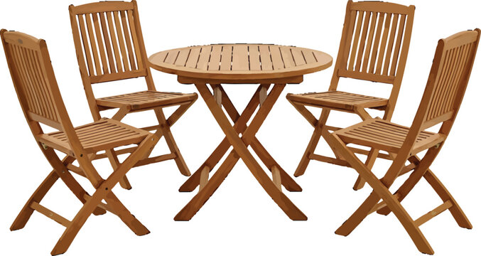 Wooden folding patio dining set with a round table and four chairs isolated on white background vector