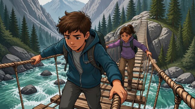 Two siblings bravely traverse a precarious rope bridge over a rushing river, surrounded by majestic mountains and lush forests