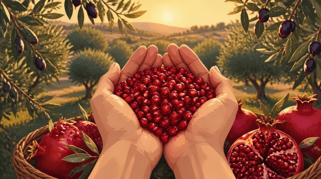 Hands cradling freshly picked pomegranate arils amidst a sundrenched orchard landscape, celebrating harvest bounty.