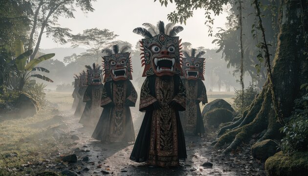 Mysterious figures in elaborate masks emerge from a misty jungle path, conveying ancient rituals and cultural traditions.