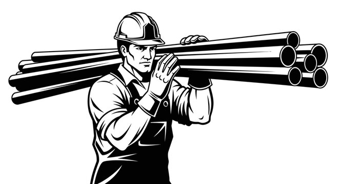 Construction Worker Carrying Steel Pipes Vector Illustration