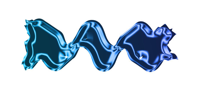 A blue wavy abstract object with a smooth surface is glowing brightly on a clean surface.
