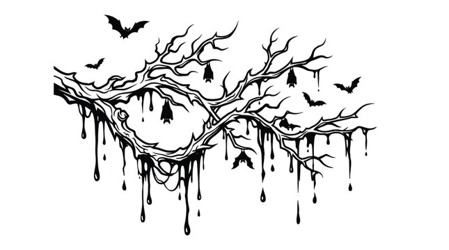 Bat Silhouette in Dripping Molten Smoke Pattern with Bats Flying Overhead, Gothic Horror Style Graphic Design Concept