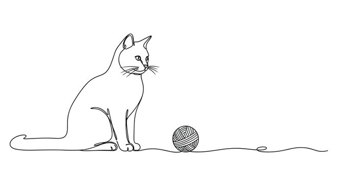 Minimalist one line drawing of a cat sitting and looking at a ball of yarn connected by a single continuous black line on white.
