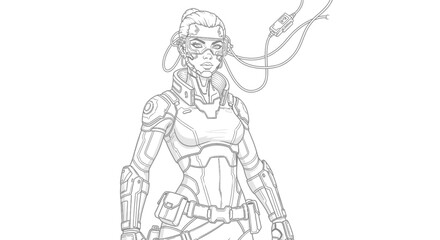 Fototapeta premium Cybernetic Female Soldier Line Art Illustration