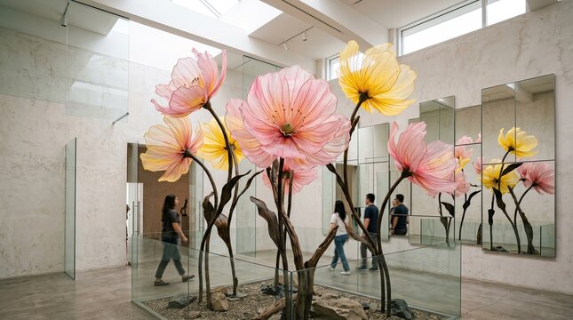 Giant flower art installation in white modern atrium.