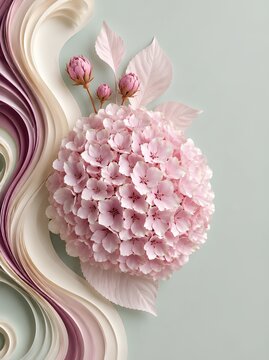 Paper Bloom Collection - Hydrangea. Pink floral arrangement with paper leaves and petals on a pastel background, showcasing a spherical cluster of blossoms and decorative elements