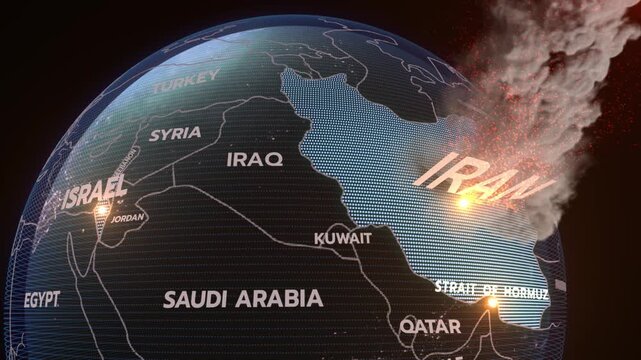 A 3D world map highlights Strait of Hormuz, and Iran, the Middle East, IRAN map, Strait of Hormuz,