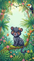 Fototapeta premium Cute baby black panther in jungle with copy space vertical