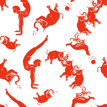 Vintage circus acrobat performance seamless pattern for fabric textile design