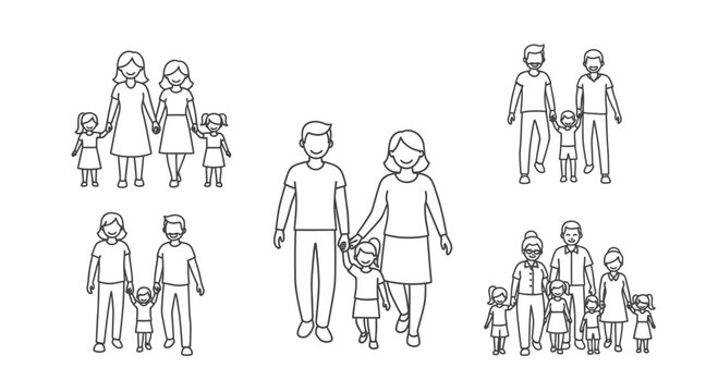Diverse Modern Family Icons and Character Outlines Set