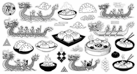 Dragon Boat Festival and Traditional Food Doodle Set © Water