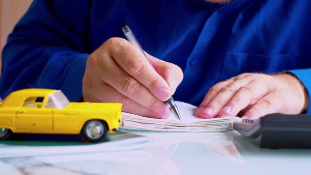 Insurance agent hands writing data in policy document at desk close up. Focus on pen and fingers, yellow toy car on table. Shallow depth of field, natural daylight. Car coverage paperwork.