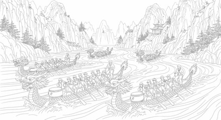 Dragon Boat Festival Racing Line Art Illustration © Water