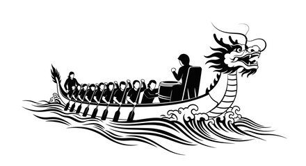 Dragon Boat Racing Illustration in Black and White © Water