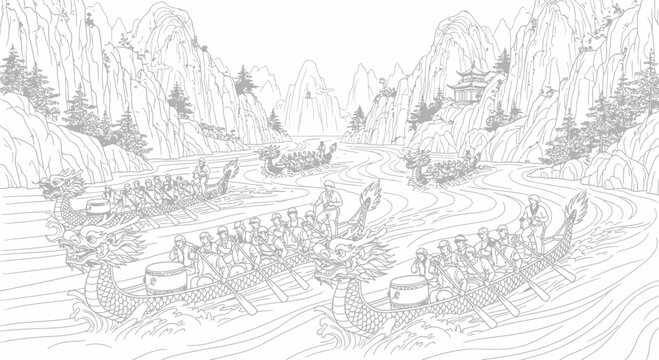 Dragon Boat Festival Racing Line Art Illustration