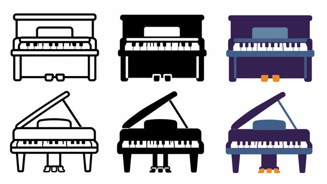 Diverse piano icon set featuring upright and grand variants in various styles