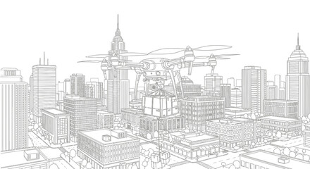 Obraz premium Drone Delivering Package Over City Skyline Sketch