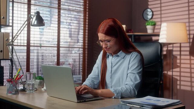 Shocked panic stressful Caucasian business woman typing browsing laptop in office despair businesswoman female worker manager feeling stress working with computer work deadline problem girl chatting