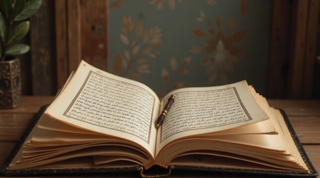 Open quran with a pen on a wooden table with floral wallpaper background