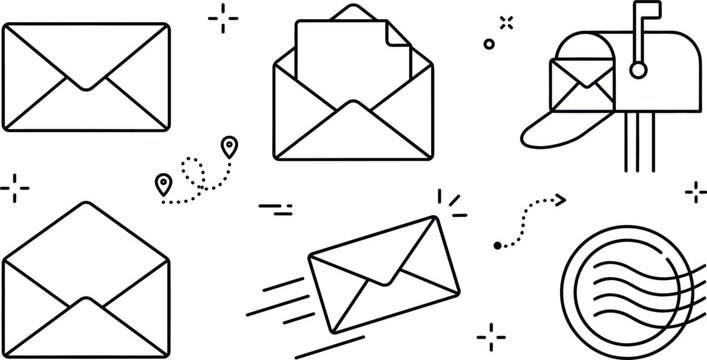Postal service and email communication outline icon set featuring envelope open letter mailbox flying message postmark vector