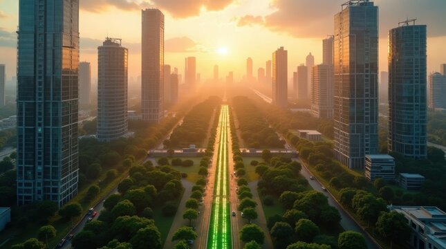 Aerial view of a modern city with a green park boulevard at sunset