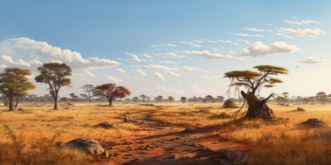 Naklejka premium Serene African savanna landscape with acacia trees.
