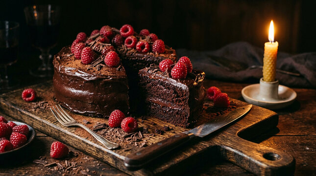 Moody still life of chocolate cake with raspberries on wooden board