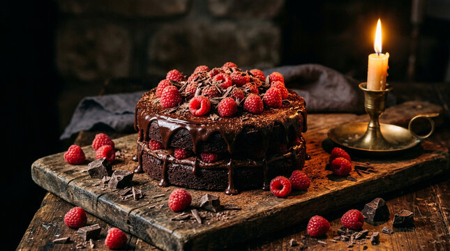 Moody still life of chocolate cake with raspberries and candle