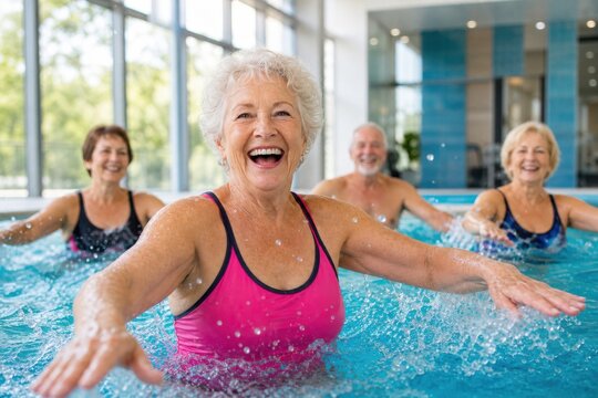 Smiling senior woman exercising in indoor pool during aqua fitness class