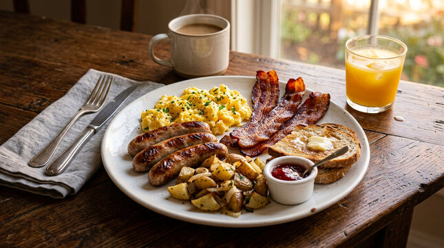 Mouthwatering breakfast plate on wooden table indoors