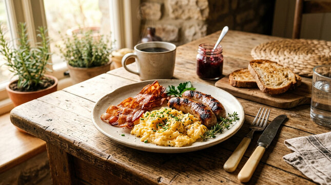 Delicious breakfast food on a plate, rustic table setting