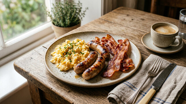 Delicious breakfast food on a plate, served on a wooden table by a window