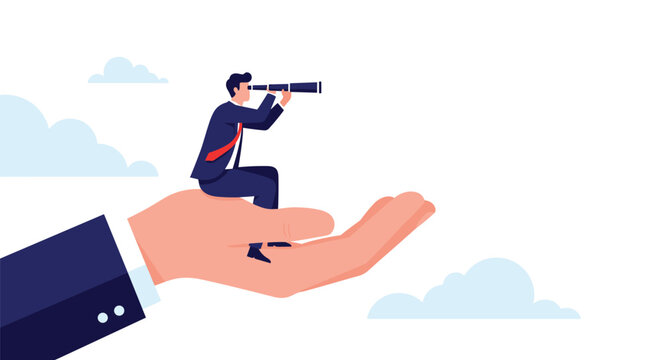 Professional man sits on a giant supportive hand while using a telescope to look ahead into the cloudy sky symbolizing mentorship and vision.
