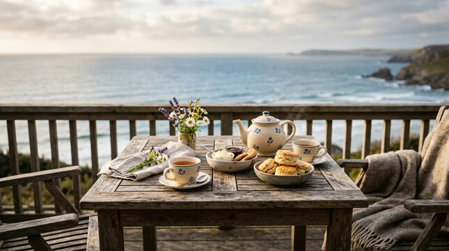 Tea setting on a wooden deck overlooking the ocean