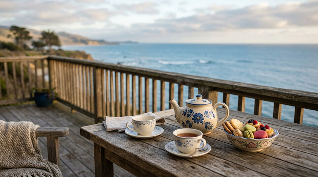 Breakfast on a wooden oceanfront deck, serene morning