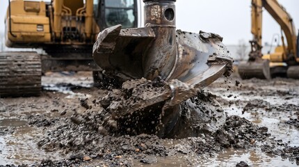 Fototapeta premium Heavy machinery auger drilling into wet soil during daylight construction work
