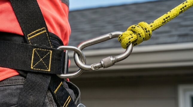 Macro Roofer Safety Harness close up view of metal carabiner clipping onto yellow rope worn by builder suitable for occupational hazard prevention articles industrial insurance banners