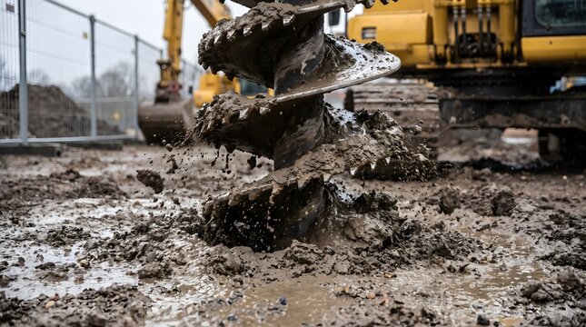 Auger drill bit boring into wet muddy ground with construction machinery in background