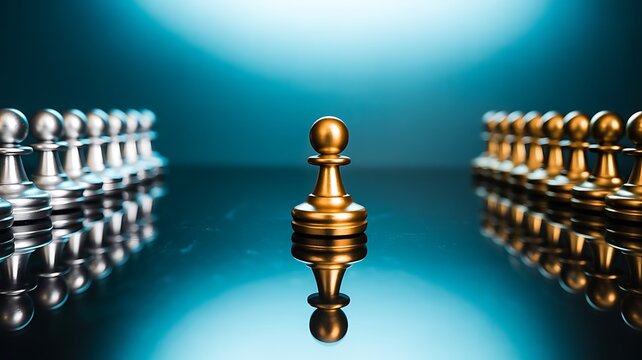 Unique gold chess pawn, standing alone, versus silver pieces, strategic business concept, leadership