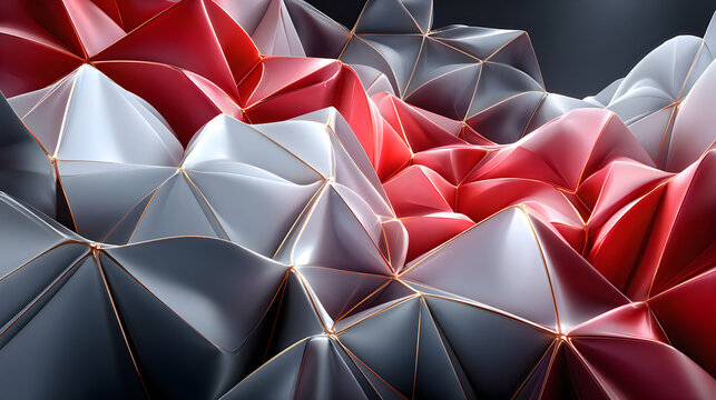 Abstract 3d geometric background with red and silver triangular facets and golden edges, futuristic low poly surface design for modern technology or luxury concept