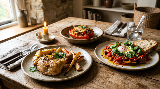 Delicious food on rustic wooden table indoors