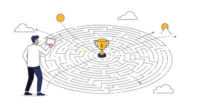Strategic thinker using a digital tablet to find the right path through a complex maze toward a golden trophy cup.