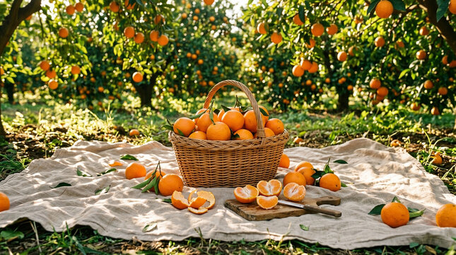 Fresh oranges in wicker basket on blanket in orchard