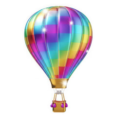 Fototapeta premium Colorful rainbow hot air balloon with metallic texture and gold basket isolated on transparent background