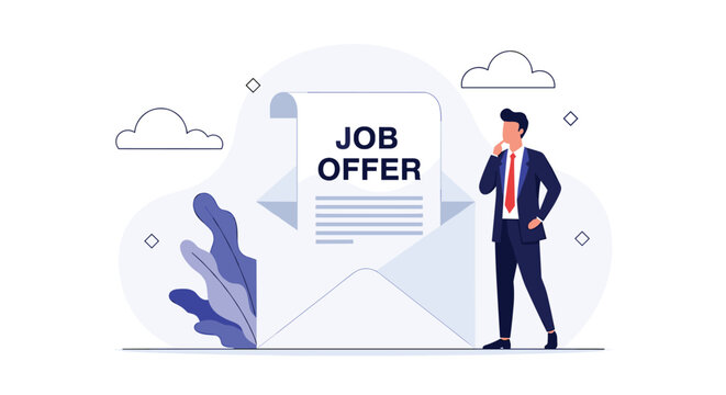 Thoughtful candidate standing in front of a giant open envelope with a job offer letter and considering the career.
