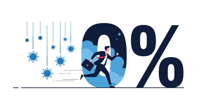 Confident businessman carrying a briefcase running through a large zero percent sign to avoid falling virus cells.