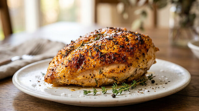 Roasted chicken breast on white plate, seasoned with herbs